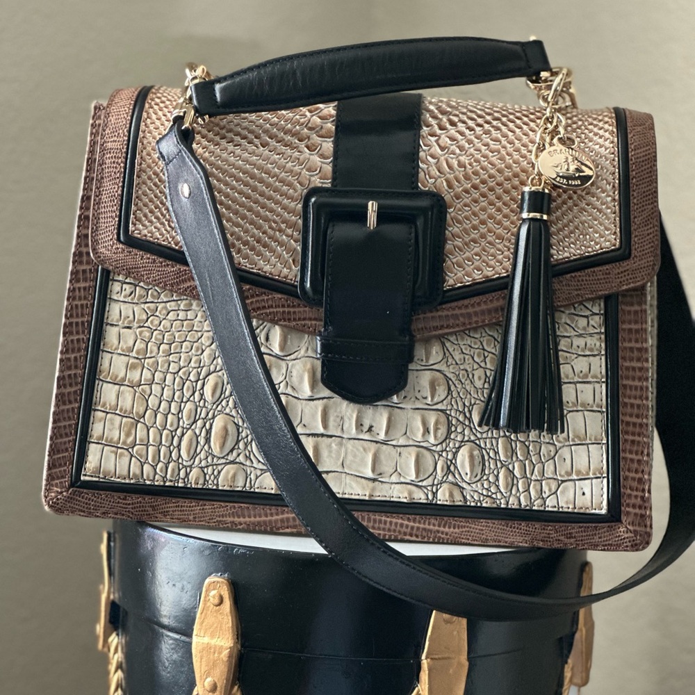 Brahmin Tan and Black Satchel with Tassel